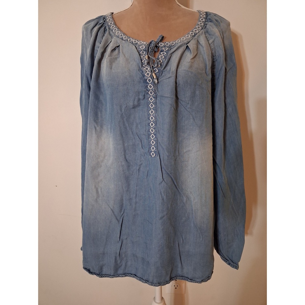 Vintage America Blues XL Embroidered Chambray Boho Top Western Distressed